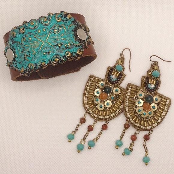 Jewelry - Boho Leather Cuff and Beaded Dangle Earring Set